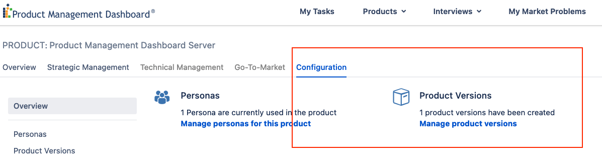 configuration product version in Product Management Dashboard