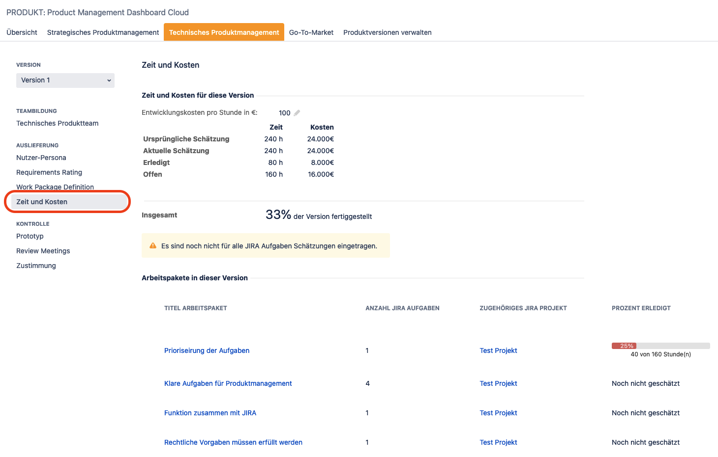 Arbeitspakete Zeit und Kosten Übersicht